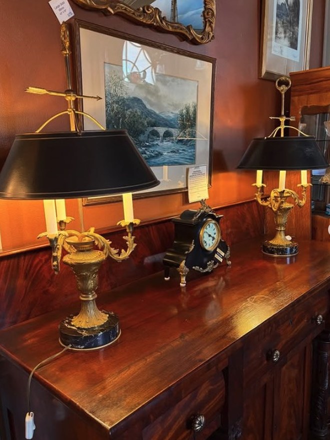 Pair of antique bouillotte lamps considered for professional project use